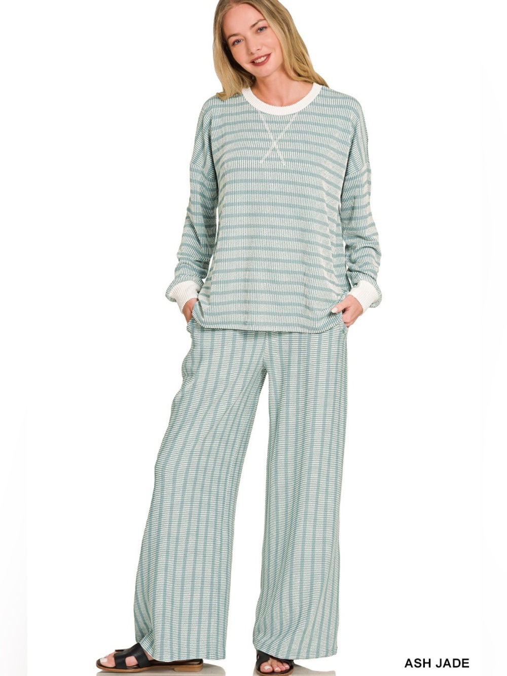 ZENANA ASH JADE RAISED RIB STRIPED PULLOVER & PANTS SET NWT